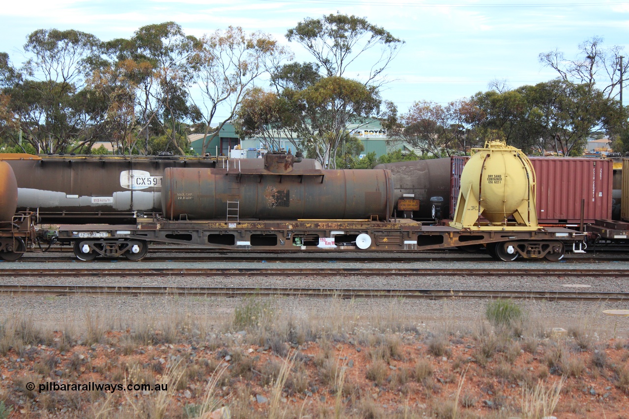 131024 IMG 0648
West Kalgoorlie, AZWY 30373 'Sputnik' loco oil and sand waggon, originally built as an WFX type flat waggon by Tomlinson Steel in a batch of one hundred and sixty one in 1969-70. Recoded to WQCX type in 1980 and to WSP type waste oil and sand waggon in 1986. Peter Donaghy image.
Keywords: Peter-D-Image;AZWY-type;AZWY30373;Tomlinson-Steel-WA;WFX-type;WQCX-type;WSP-type;