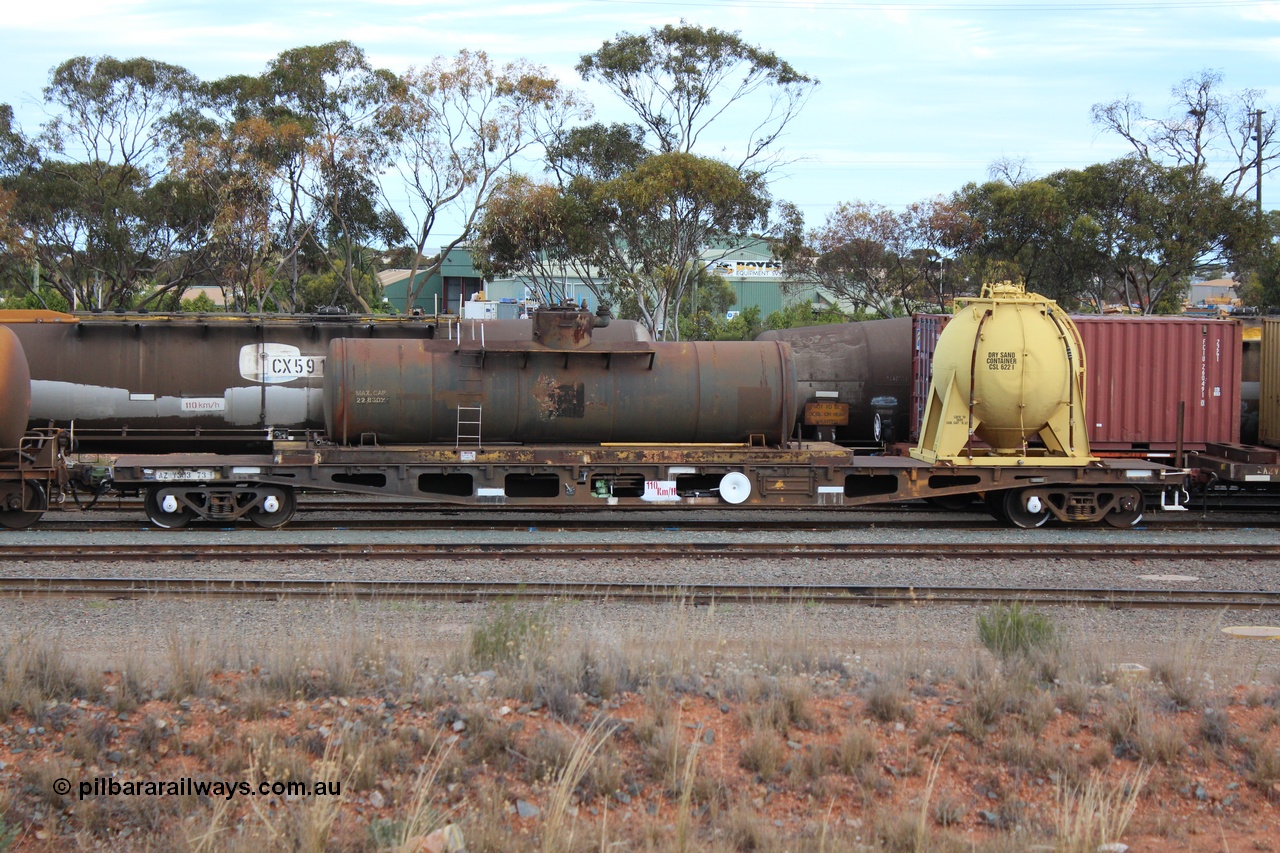131024 IMG 0649
West Kalgoorlie, AZWY 30373 'Sputnik' loco oil and sand waggon, originally built as an WFX type flat waggon by Tomlinson Steel in a batch of one hundred and sixty one in 1969-70. Recoded to WQCX type in 1980 and to WSP type waste oil and sand waggon in 1986. Peter Donaghy image.
Keywords: Peter-D-Image;AZWY-type;AZWY30373;Tomlinson-Steel-WA;WFX-type;WQCX-type;WSP-type;