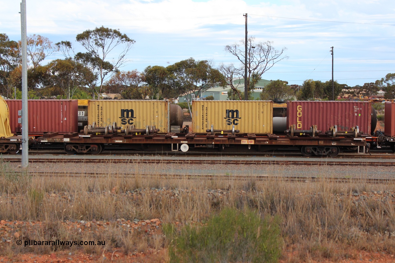 131024 IMG 0650
West Kalgoorlie, AZVY type departmental wheel set carrier waggon AZVY 4193, built by Transfield WA 1976 for Commonwealth Railways as one of two hundred GOX type open waggons, recoded to AOOX, in 1993 to AOSX type. In service with ARG as a wheel set transport waggon in West Kalgoorlie loco traffic. Peter Donaghy image.
Keywords: Peter-D-Image;AZVY-type;AZVY4193;Transfield-WA;GOX-type;AOOX-type;AOSX-type;