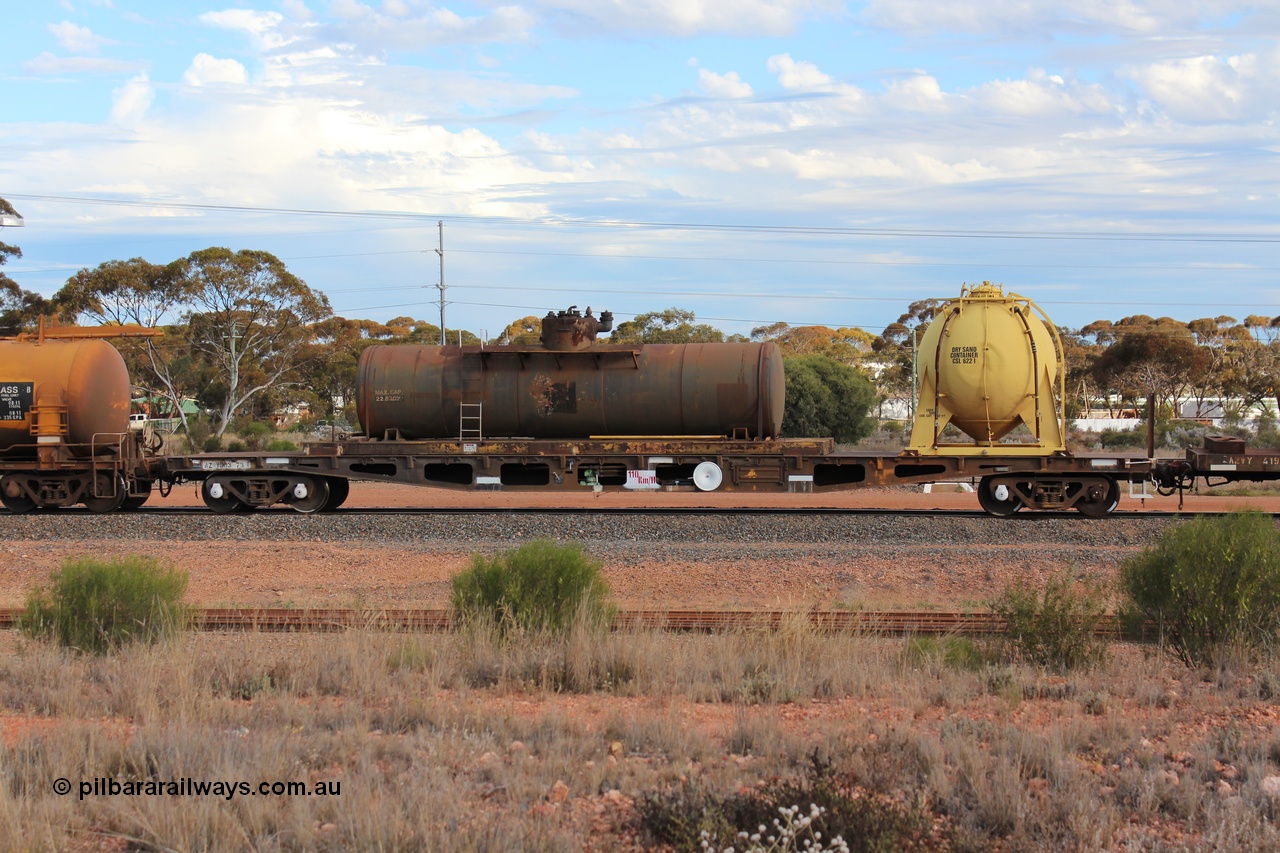 131024 IMG 0651
West Kalgoorlie, AZWY 30373 'Sputnik' loco oil and sand waggon, originally built as an WFX type flat waggon by Tomlinson Steel in a batch of one hundred and sixty one in 1969-70. Recoded to WQCX type in 1980 and to WSP type waste oil and sand waggon in 1986. Peter Donaghy image.
Keywords: Peter-D-Image;AZWY-type;AZWY30373;Tomlinson-Steel-WA;WFX-type;WQCX-type;WSP-type;