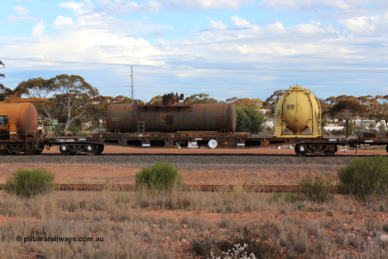 131024 IMG 0652
West Kalgoorlie, AZWY 30373 'Sputnik' loco oil and sand waggon, originally built as an WFX type flat waggon by Tomlinson Steel in a batch of one hundred and sixty one in 1969-70. Recoded to WQCX type in 1980 and to WSP type waste oil and sand waggon in 1986. Peter Donaghy image.
Keywords: Peter-D-Image;AZWY-type;AZWY30373;Tomlinson-Steel-WA;WFX-type;WQCX-type;WSP-type;