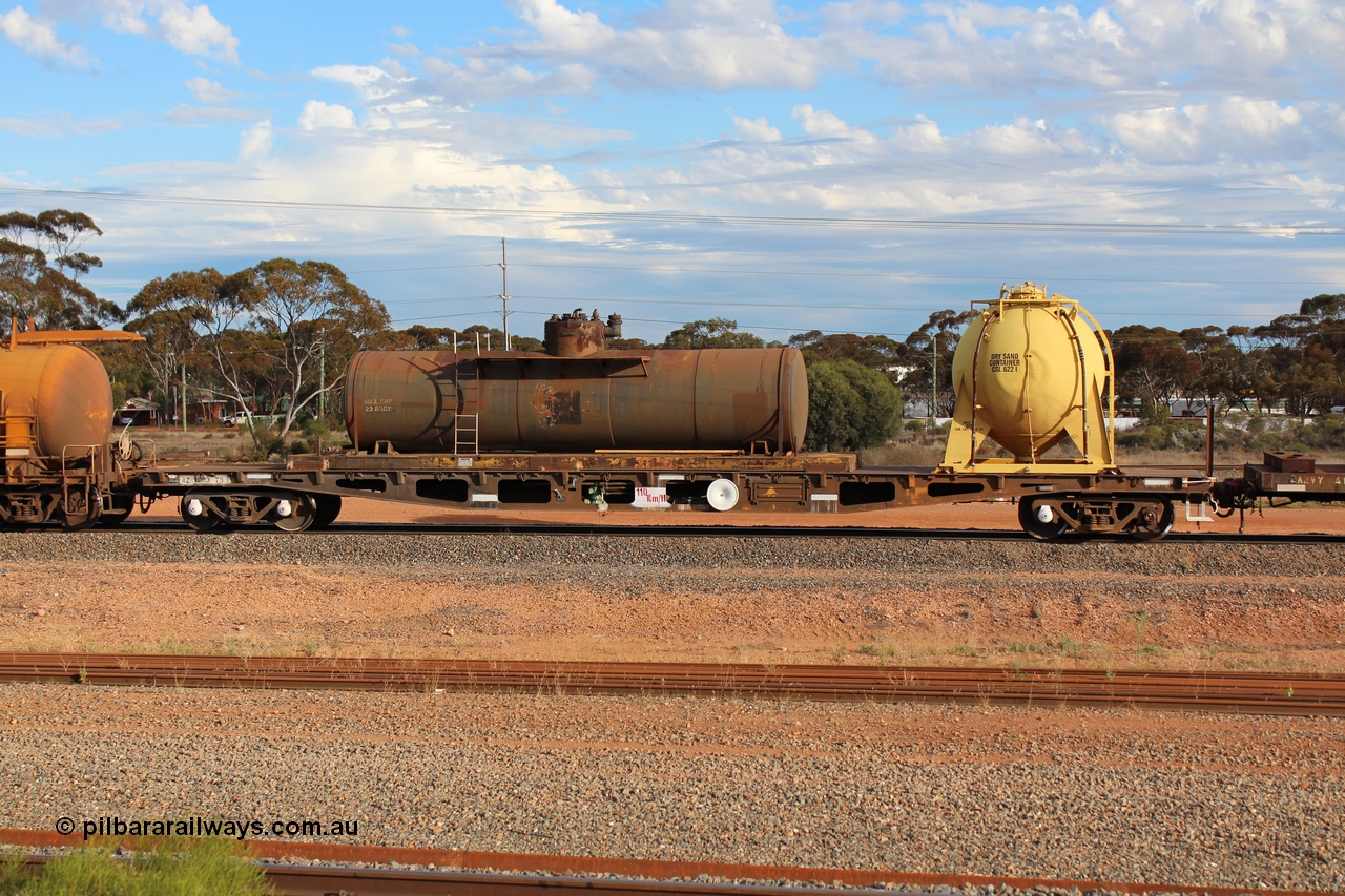131024 IMG 0653
West Kalgoorlie, AZWY 30373 'Sputnik' loco oil and sand waggon, originally built as an WFX type flat waggon by Tomlinson Steel in a batch of one hundred and sixty one in 1969-70. Recoded to WQCX type in 1980 and to WSP type waste oil and sand waggon in 1986. Peter Donaghy image.
Keywords: Peter-D-Image;AZWY-type;AZWY30373;Tomlinson-Steel-WA;WFX-type;WQCX-type;WSP-type;