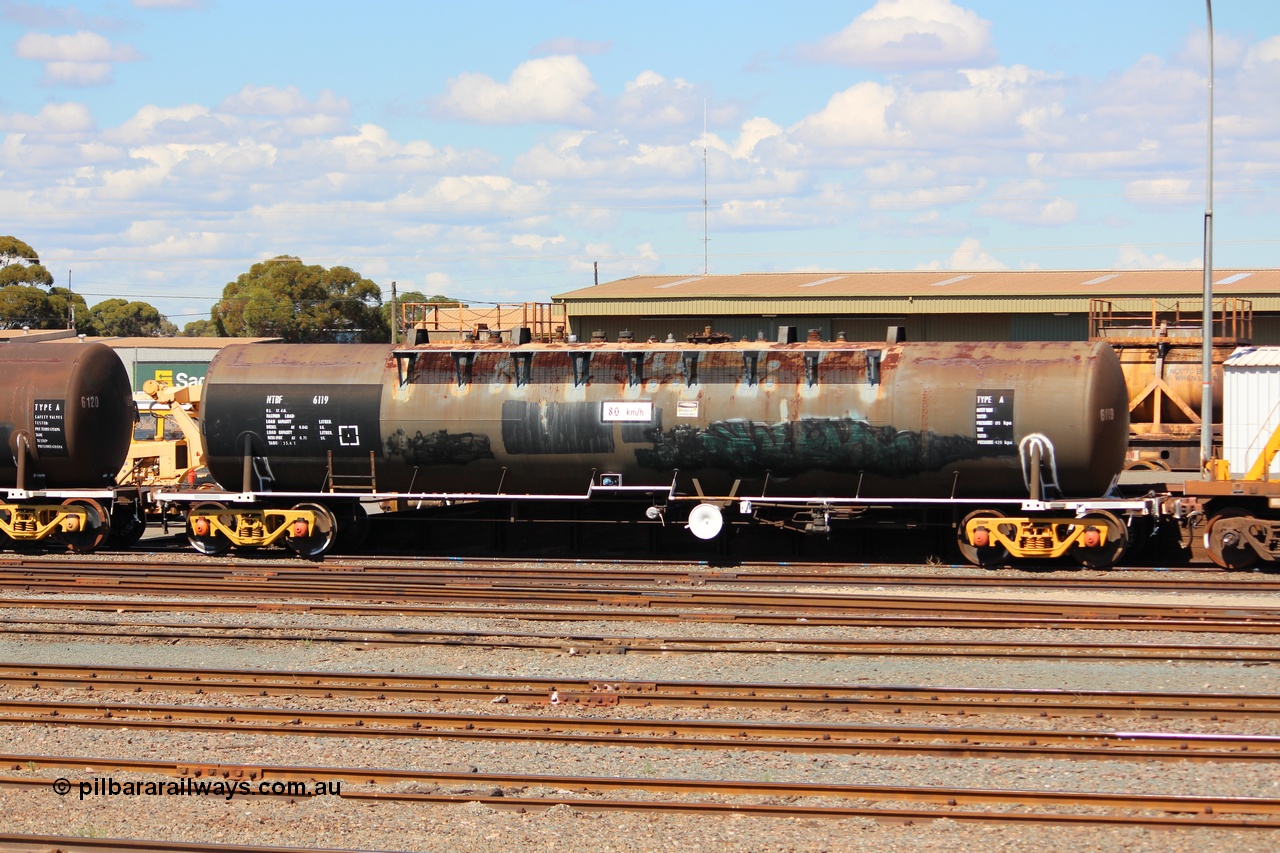 140406 IMG 1926
West Kalgoorlie, NTBF 6119 fuel tank waggon, originally built by Comeng NSW in 1975 as SCA type SCA 270 69000 litre bitumen tank waggon for Shell NSW, diesel capacity of 62700 litres. Peter Donaghy image.
Keywords: Peter-D-Image;NTBF-type;NTBF6119;Comeng-NSW;SCA-type;SCA270;