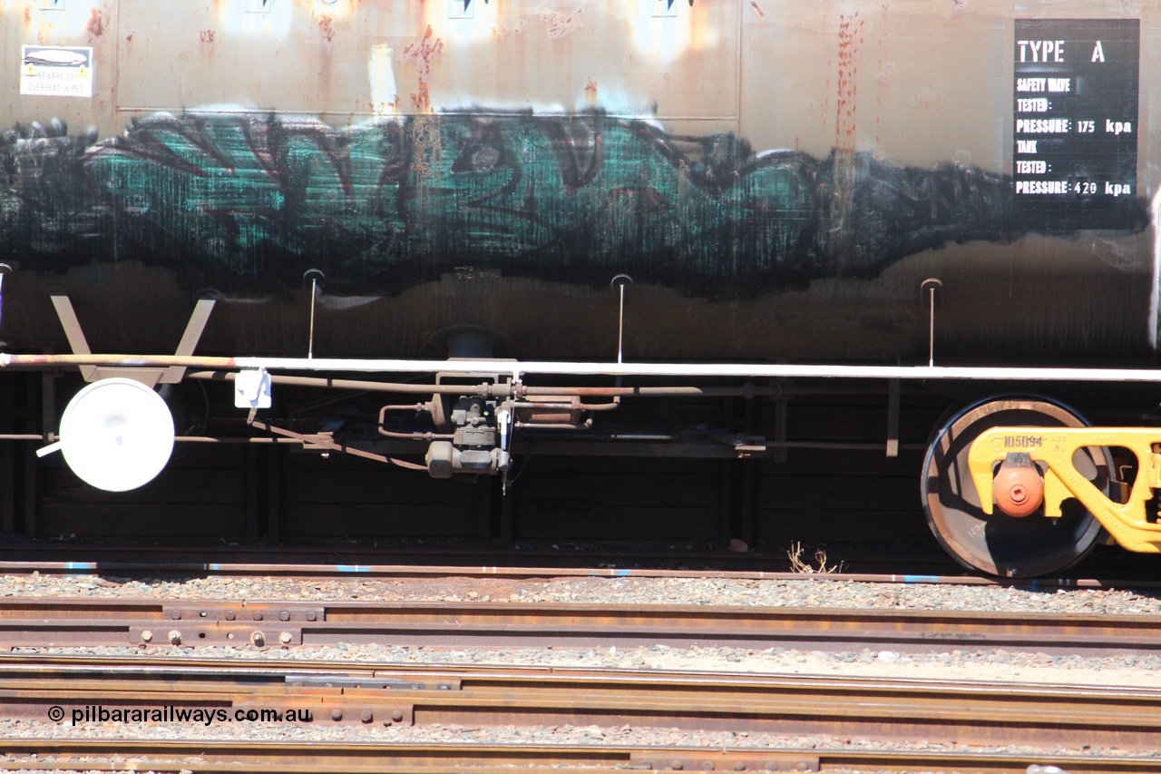 140406 IMG 1934
West Kalgoorlie, NTBF 6119 fuel tank waggon detail image, originally built by Comeng NSW in 1975 as SCA type SCA 270 a 69,000 litre bitumen tank waggon for Shell NSW, diesel capacity of 62700 litres. Peter Donaghy image.
Keywords: Peter-D-Image;NTBF-type;NTBF6119;Comeng-NSW;SCA-type;SCA270;
