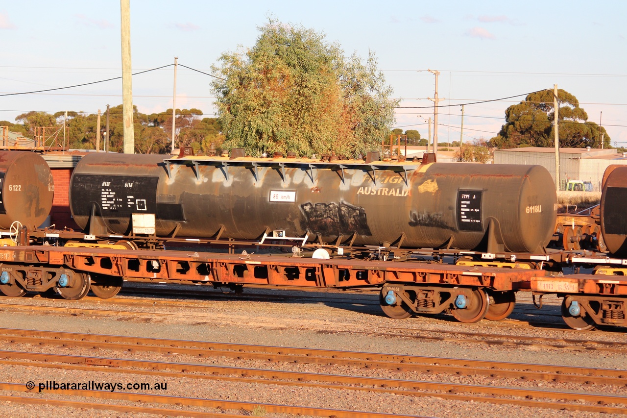 140406 IMG 1942
West Kalgoorlie, NTBF type fuel tank waggon NTBF 6118, with former owners name (Freight Australia) visible. Originally built by Comeng NSW in 1975 as an SCA type 69,000 litre bitumen tank waggon SCA 267 for Shell NSW. Peter Donaghy image.
Keywords: Peter-D-Image;NTBF-type;NTBF6118;Comeng-NSW;SCA-type;SCA267;