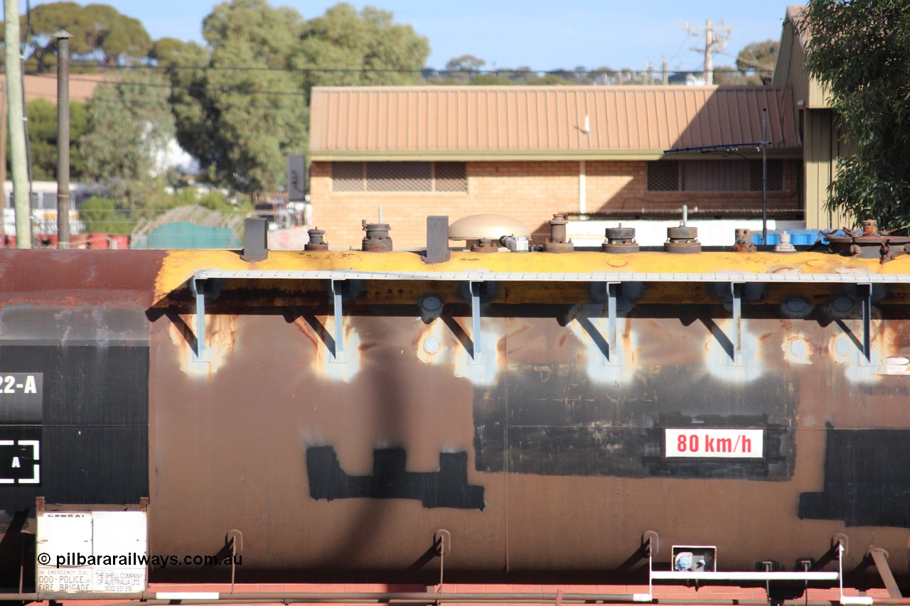 140409 IMG 1964
West Kalgoorlie, NTBF 6122 fuel tank waggon detail image, built by Comeng NSW 1975 as an SCA type bitumen tank waggon for Shell Bitumen NSW as SCA 273. Peter Donaghy image.
Keywords: Peter-D-Image;NTBF-type;NTBF6122;Comeng-NSW;SCA-type;SCA273;