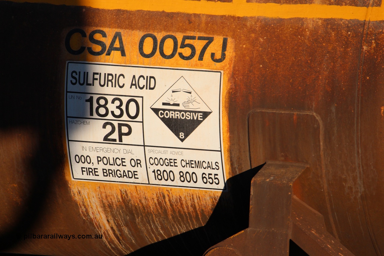 140413 IMG 1956
Sulphuric Acid placard on CSA 0057 acid tank which was built by Acid Plant Management Services, WA in 2015. Peter Donaghy image.
Keywords: Peter-D-Image;CSA-type;AQHY-type;CSA0057;