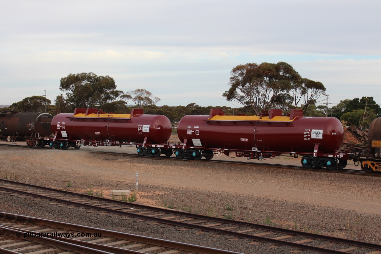 141028 IMG 3270
West Kalgoorlie, NTAY type fuel tank waggon NTAY 5455 with 62,000 litre capacity for BP. Refurbished by Gemco WA in June 2014 from ex Mobil Oil NTAF type tank waggon NTAF 5455. In BP Oil ownership. I think this is an Indeng Qld built NTAF 455 the final of seven such tanks built for Mobil of NSW in 1981. Peter Donaghy image.
Keywords: Peter-D-Image;NTAY-type;NTAY5455;NTAF-type;Indeng-Qld;NTAF455;