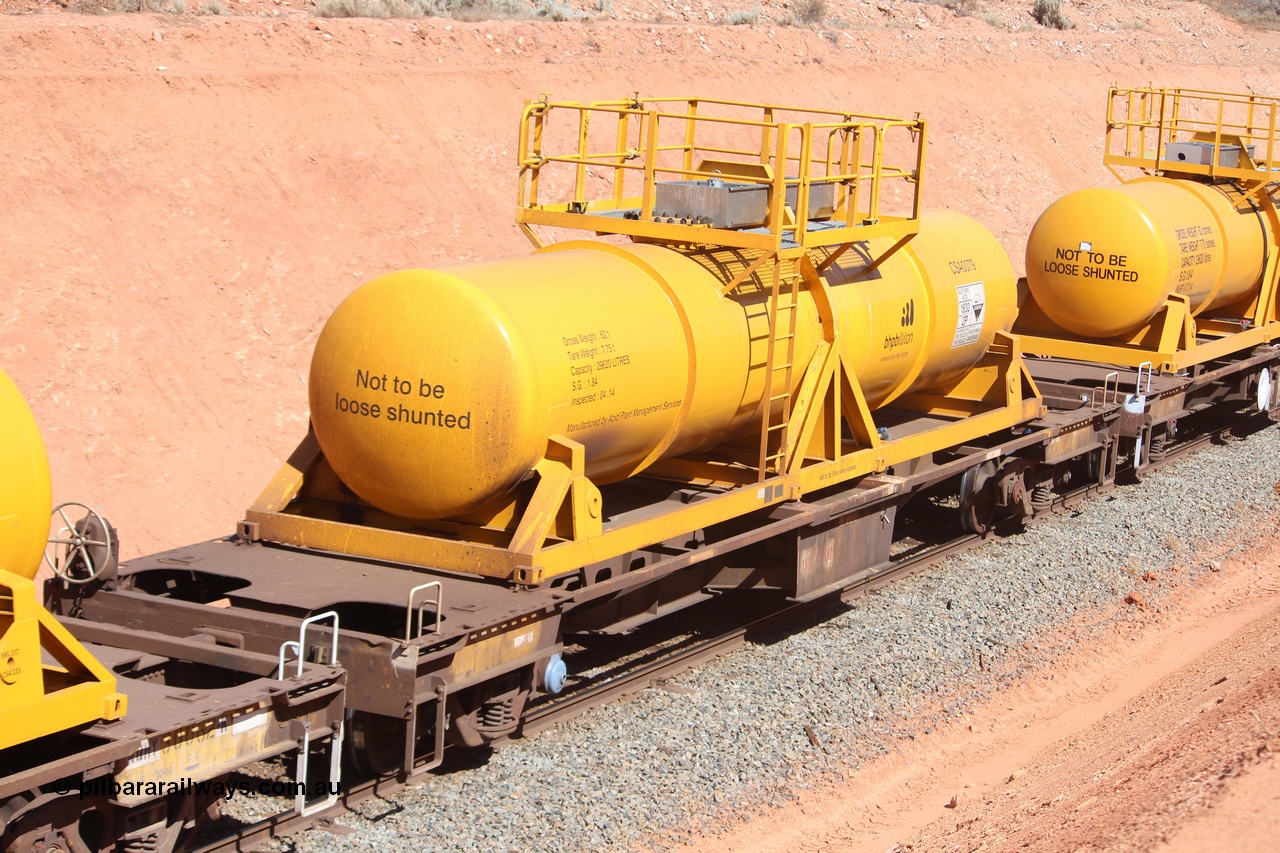 150124 IMG 3737
Binduli, AQHY 30112 with CSA 0079, originally built by the WAGR Midland Workshops in 1964/66 as a WF type flat waggon, then in 1997, following several recodes and modifications, was one of seventy five waggons converted to the WQH type to carry CSA sulphuric acid tanks between Hampton/Kalgoorlie and Perth/Kwinana. Peter Donaghy image.
Keywords: Peter-D-Image;AQHY-type;AQHY30112;WAGR-Midland-WS;WF-type;WFDY-type;WFDF-type;RFDF-type;WQH-type;