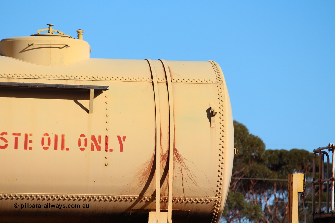 150326 IMG 4335
West Kalgoorlie, AZAY type waste oil waggon AZAY 23439, detail image, this waggon usually operates between Merredin Loco and Forrestfield, not normally seen here in the Goldfields. Peter Donaghy image.
Keywords: Peter-D-Image;AZAY-type;AZAY23439;