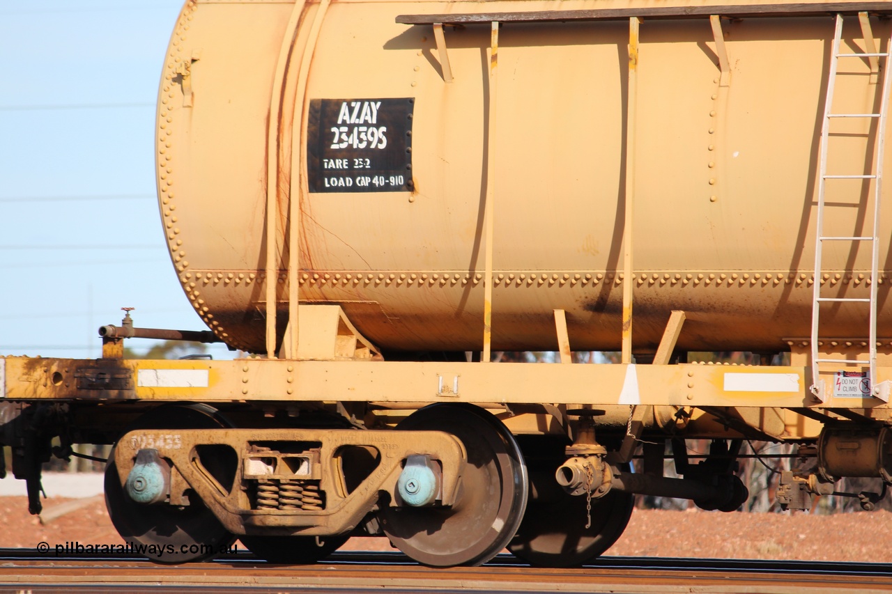 150326 IMG 4343
West Kalgoorlie, AZAY type waste oil waggon AZAY 23439, detail image, this waggon usually operates between Merredin Loco and Forrestfield, not normally seen here in the Goldfields. Peter Donaghy image.
Keywords: Peter-D-Image;AZAY-type;AZAY23439;