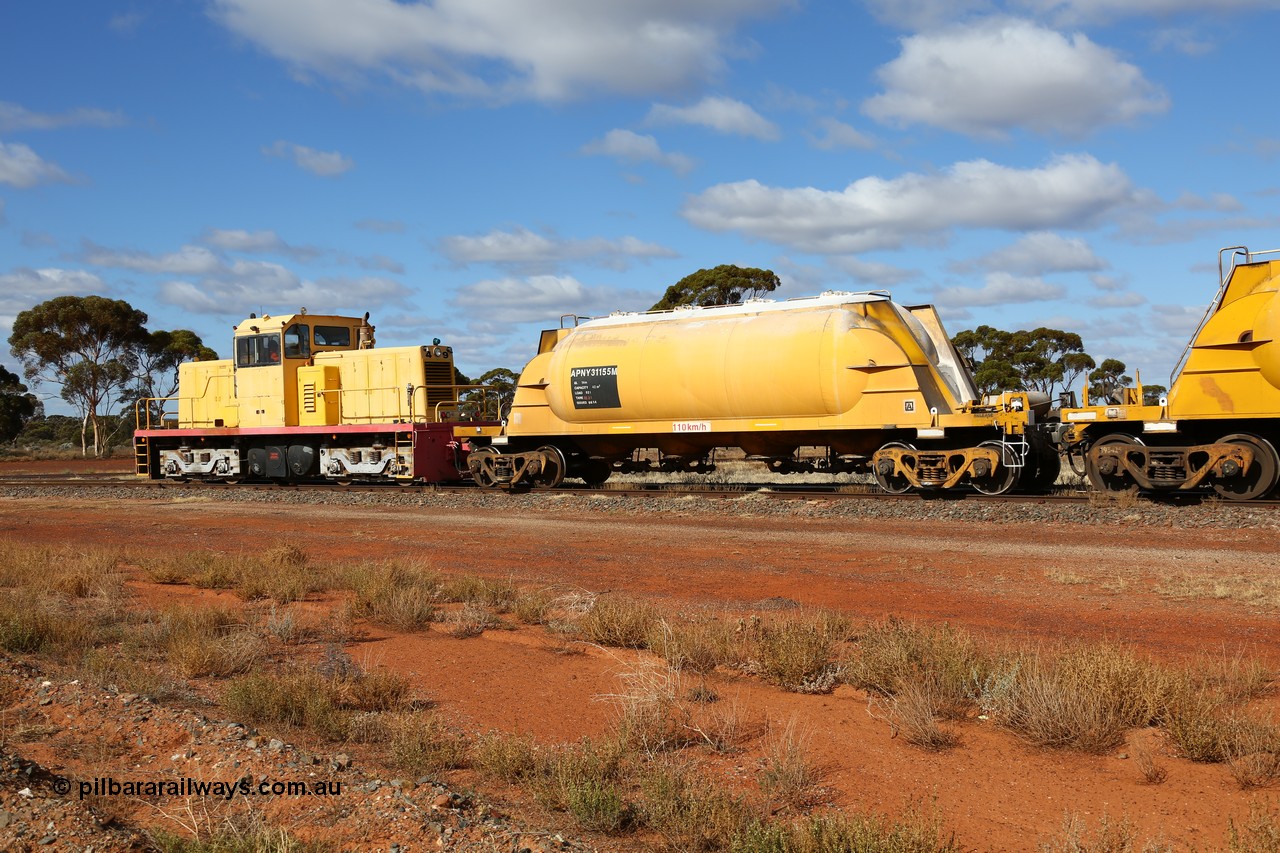 160522 2306
Parkeston, APNY 31155 pneumatic discharge waggon and DE 49 on the west leg of the triangle, one of twelve built by WAGR Midland Workshops in 1974 as WNA type pneumatic discharge nickel concentrate waggon, WAGR built and owned copies of the AE Goodwin built WN waggons for WMC.
Keywords: APNY-type;APNY31155;WAGR-Midland-WS;WNA-type;