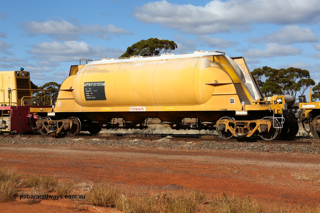 160522 2307
Parkeston, APNY 31155 one of twelve built by WAGR Midland Workshops in 1974 as WNA type pneumatic discharge nickel concentrate waggon, WAGR built and owned copies of the AE Goodwin built WN waggons for WMC.
Keywords: APNY-type;APNY31155;WAGR-Midland-WS;WNA-type;