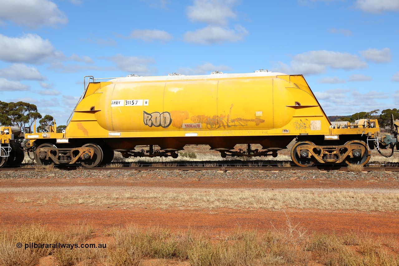 160522 2308
Parkeston, APNY 31157, one of twelve built by WAGR Midland Workshops in 1974 as WNA type pneumatic discharge nickel concentrate waggon, WAGR built and owned copies of the AE Goodwin built WN waggons for WMC.
Keywords: APNY-type;APNY31157;WAGR-Midland-WS;WNA-type;