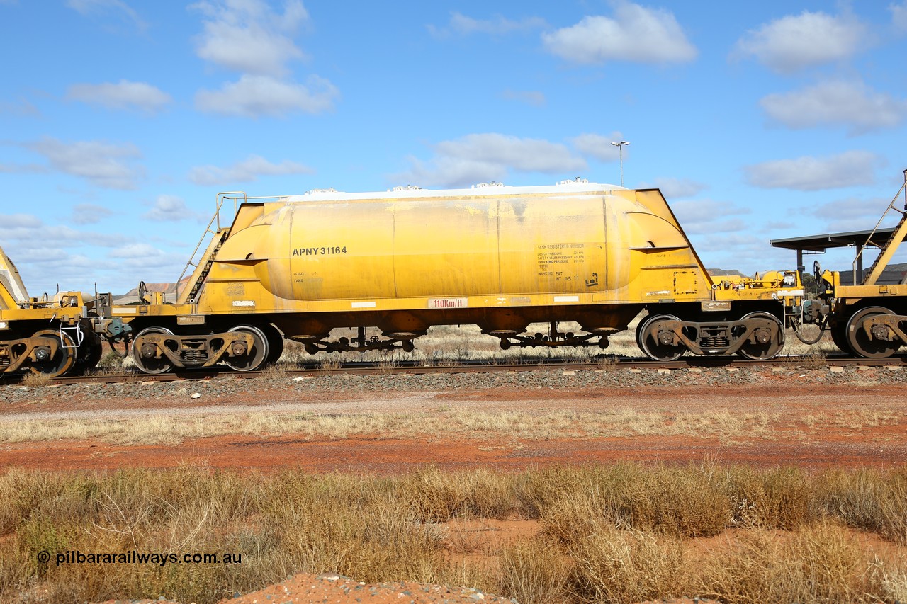160522 2309
Parkeston, APNY 31164, one of four built by Westrail Midland Workshops in 1978 as WNA type pneumatic discharge nickel concentrate waggon, WAGR built and owned copies of the AE Goodwin built WN waggons for WMC.
Keywords: APNY-type;APNY31164;Westrail-Midland-WS;WNA-type;