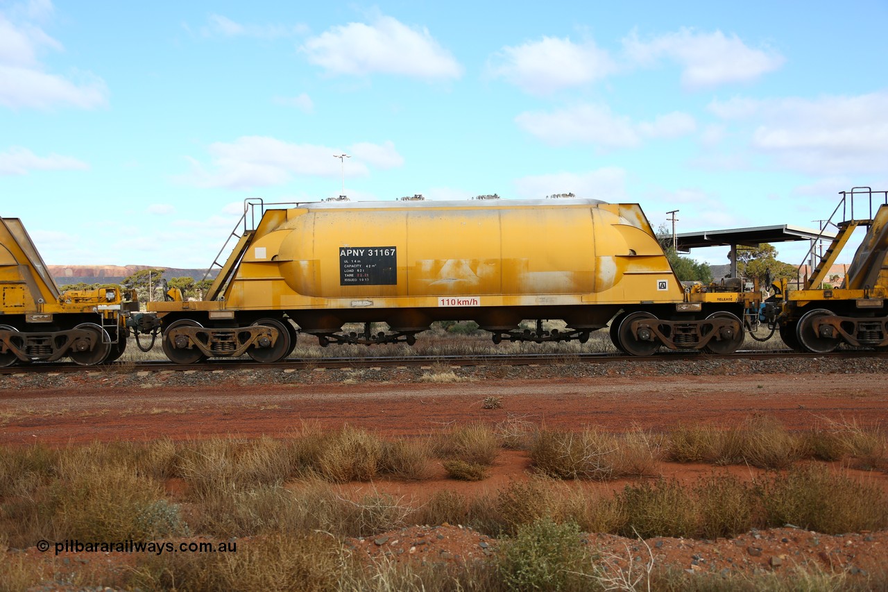 160522 2312
Parkeston, APNY 31167, one of two built by Westrail Midland Workshops in 1979 as WNA type pneumatic discharge nickel concentrate waggon, WAGR built and owned copies of the AE Goodwin built WN waggons for WMC.
Keywords: APNY-type;APNY31167;Westrail-Midland-WS;WNA-type;