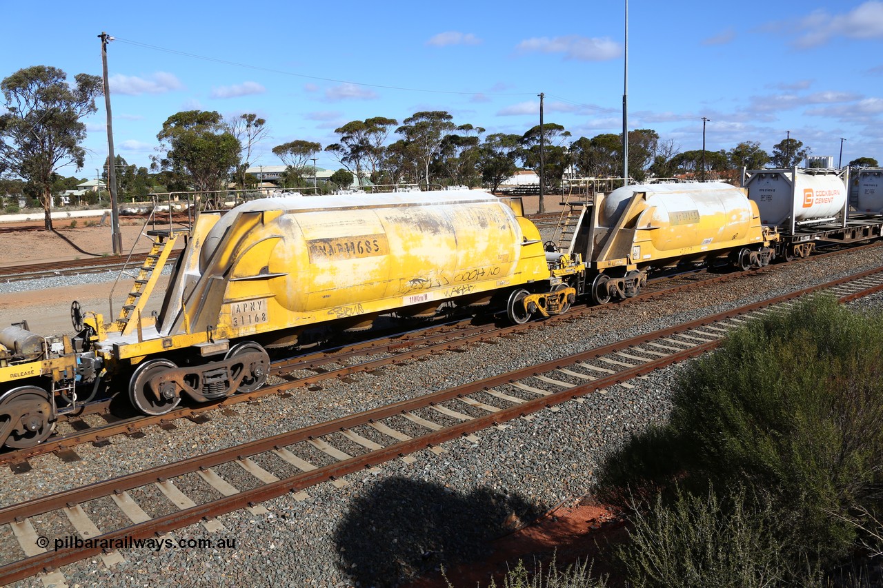 160522 2460
West Kalgoorlie, APNY 31168, final member built by Westrail Midland Workshops in 1979 as WNA type pneumatic discharge nickel concentrate waggon, WAGR built and owned copies of the AE Goodwin built WN waggons for WMC.
Keywords: APNY-type;APNY31168;Westrail-Midland-WS;WNA-type;