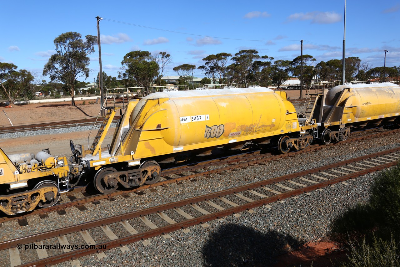 160522 2463
West Kalgoorlie, APNY 31157, one of twelve built by WAGR Midland Workshops in 1974 as WNA type pneumatic discharge nickel concentrate waggon, WAGR built and owned copies of the AE Goodwin built WN waggons for WMC.
Keywords: APNY-type;APNY31157;WAGR-Midland-WS;WNA-type;