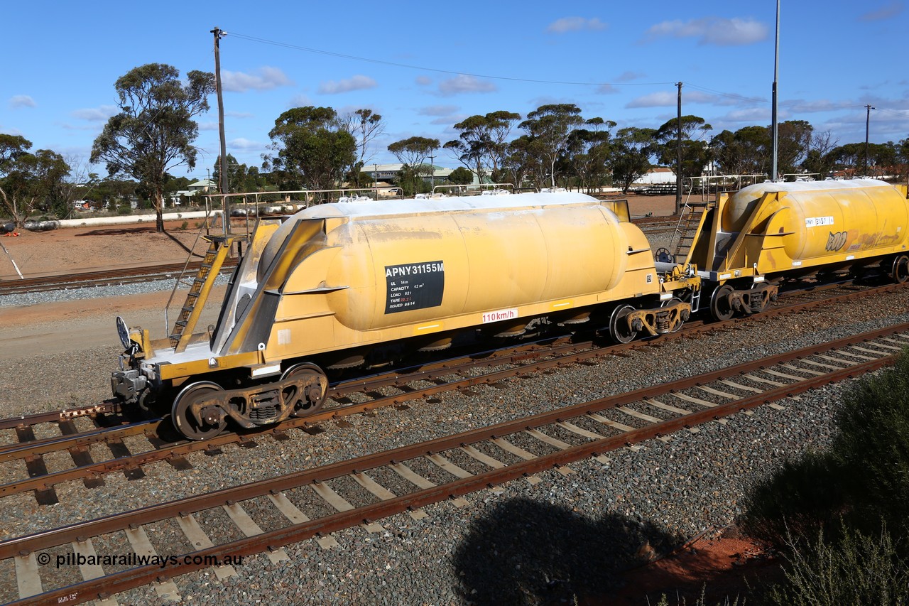 160522 2464
West Kalgoorlie, APNY 31155 one of twelve built by WAGR Midland Workshops in 1974 as WNA type pneumatic discharge nickel concentrate waggon, WAGR built and owned copies of the AE Goodwin built WN waggons for WMC.
Keywords: APNY-type;APNY31155;WAGR-Midland-WS;WNA-type;