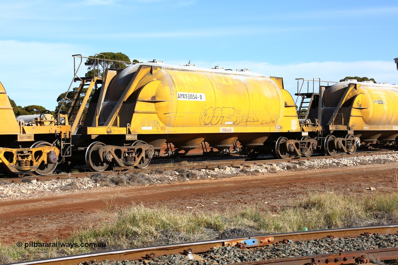 160523 2786
Parkeston, APNY 31154, one of twelve built by WAGR Midland Workshops in 1974 as WNA type pneumatic discharge nickel concentrate waggon, WAGR built and owned copies of the AE Goodwin built WN waggons for WMC.
Keywords: APNY-type;APNY31154;WAGR-Midland-WS;WNA-type;