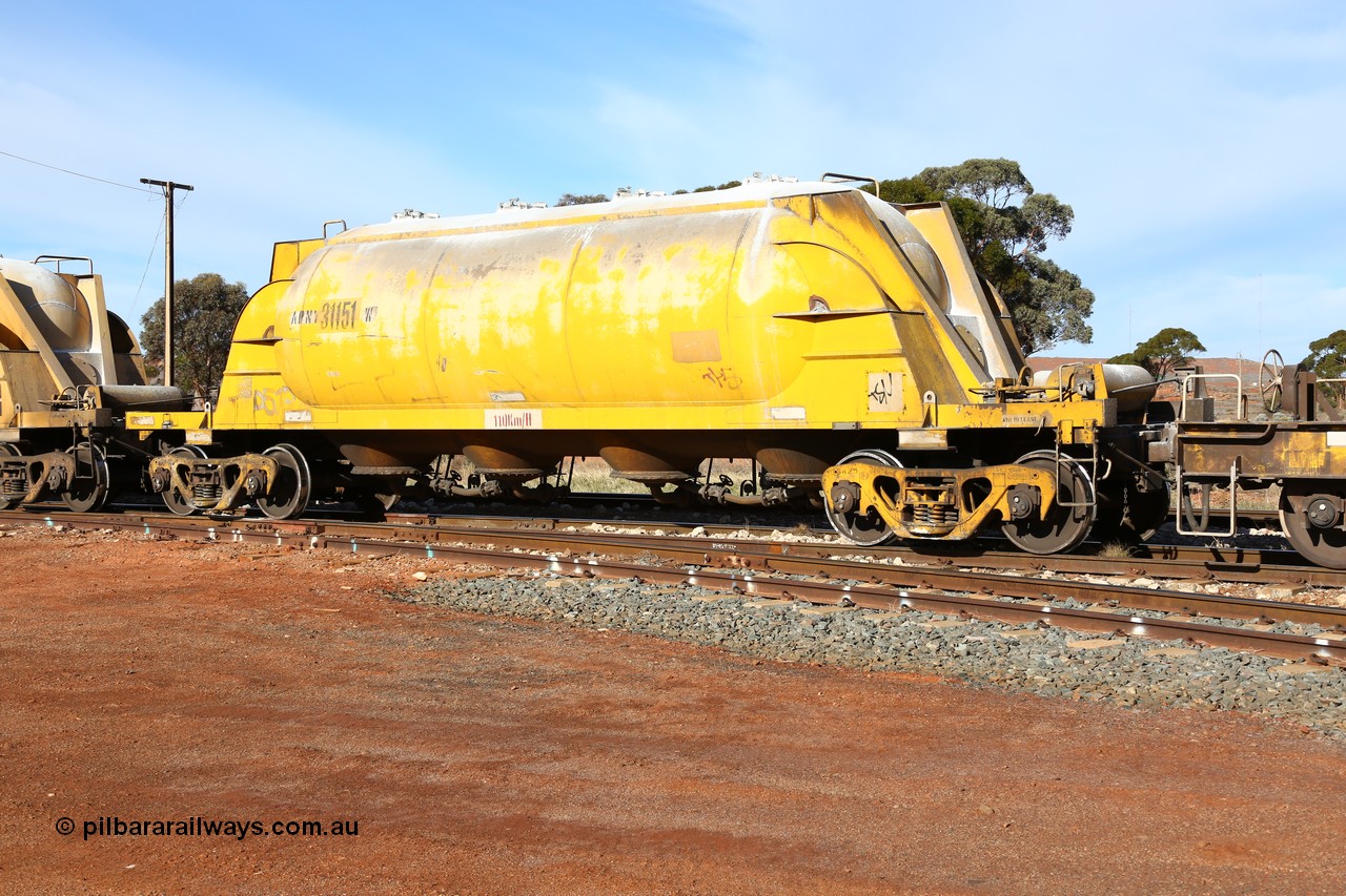 160523 2804
Parkeston, APNY 31151, type leader of twelve built by WAGR Midland Workshops in 1974 as WNA type pneumatic discharge nickel concentrate waggon, WAGR built and owned copies of the AE Goodwin built WN waggons for WMC.
Keywords: APNY-type;APNY31151;WAGR-Midland-WS;WNA-type;