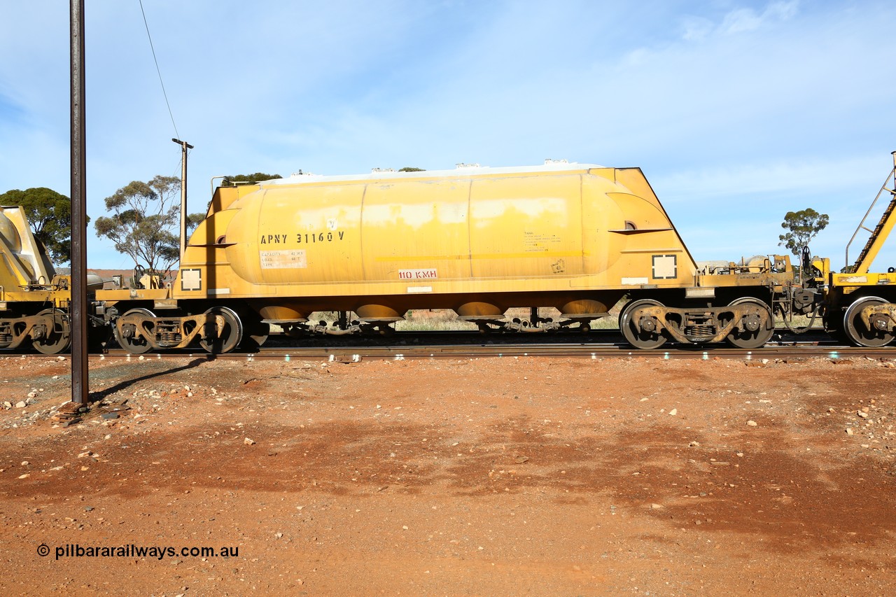 160523 2805
Parkeston, APNY 31160, one of twelve built by WAGR Midland Workshops in 1974 as WNA type pneumatic discharge nickel concentrate waggon, WAGR built and owned copies of the AE Goodwin built WN waggons for WMC.
Keywords: APNY-type;APNY31160;WAGR-Midland-WS;WNA-type;