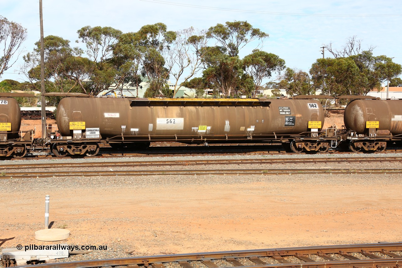 160523 3289
West Kalgoorlie, ATLF 562 tank waggon, built by WAGR Midland Workshops 1973 for Shell as type WJL 86.49 kL one compartment one dome with a capacity of 80500 litres, fitted with type F InterLock couplers.
Keywords: ATLF-type;ATLF562;WAGR-Midland-WS;WJL-type;