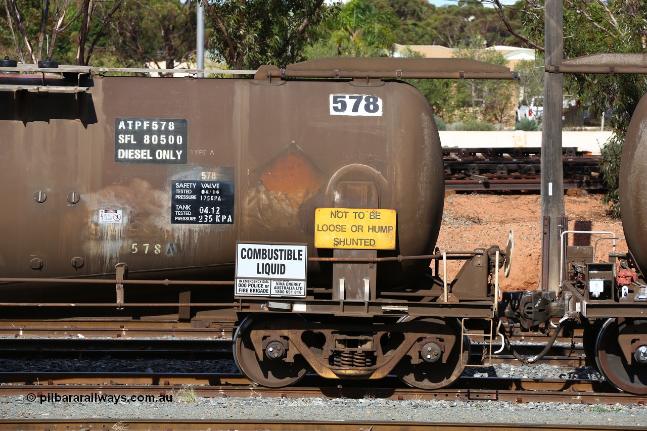 160523 3290
West Kalgoorlie, ATPF 578 fuel tank waggon, originally built by WAGR Midland Workshops in 1974 for Shell as type WJP, it also spent time in SA in 1985, 80.66 kL one compartment one dome, capacity of 80350 litres, fitted with type F InterLock couplers.
Keywords: ATPF-type;ATPF578;WAGR-Midland-WS;WJP-type;