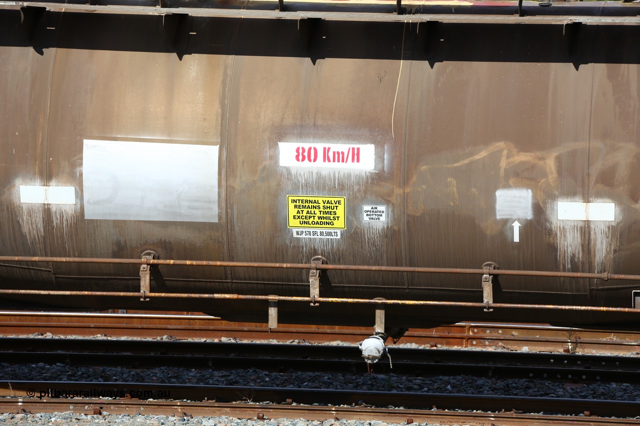 160523 3291
West Kalgoorlie, ATPF 578 fuel tank waggon, originally built by WAGR Midland Workshops in 1974 for Shell as type WJP, it also spent time in SA in 1985, 80.66 kL one compartment one dome, capacity of 80350 litres, fitted with type F InterLock couplers.
Keywords: ATPF-type;ATPF578;WAGR-Midland-WS;WJP-type;