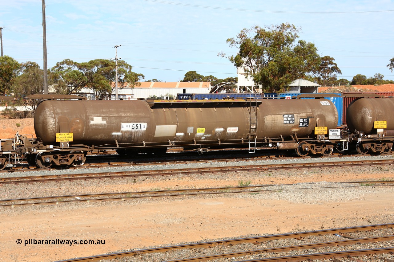 160523 3293
West Kalgoorlie, ATMF 551 fuel tank waggon, one of three built by Tulloch Limited NSW as WJM type in 1971 with a capacity of 96.25 kL one compartment one dome, current capacity of 80500 litres. 551 and 552 for Shell and 553 for BP Oil.
Keywords: ATMF-type;ATMF551;Tulloch-Ltd-NSW;WJM-type;