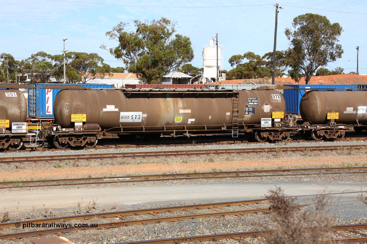 160523 3294
West Kalgoorlie, ATPF 572 fuel tank waggon, built by WAGR Midland Workshops in 1974 for Shell as type WJP, capacity of 80500 litres.
Keywords: ATPF-type;ATPF572;WAGR-Midland-WS;WJP-type;
