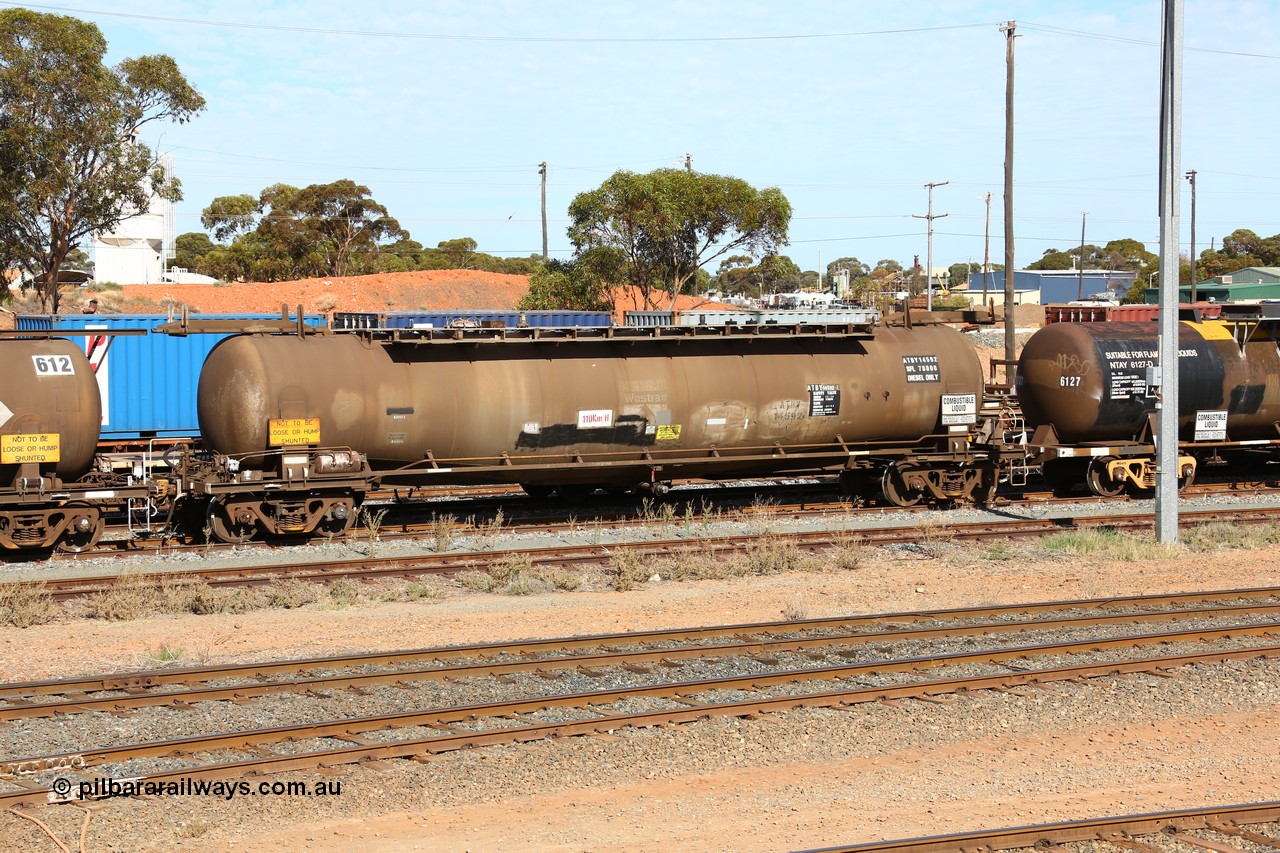 160523 3297
West Kalgoorlie, ATBY 14592 fuel tank waggon, built by Westrail Midland Workshops in 1981 for Bain Leasing as narrow gauge type JPB, 82000 litre capacity.
Keywords: ATBY-type;ATBY14592;Westrail-Midland-WS;JPB-type;JPBA-type;WJPB-type;
