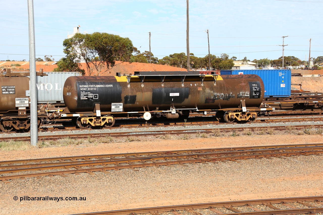 160523 3298
West Kalgoorlie, NTAY 6127 fuel tank waggon, built by Indeng Qld 1976 as SCA 278 for Shell, ex NTAF 278-6127, capacity of 61300 litre.
Keywords: NTAY-type;NTAY6127;Indeng-Qld;SCA-type;SCA278;NTAF-type;