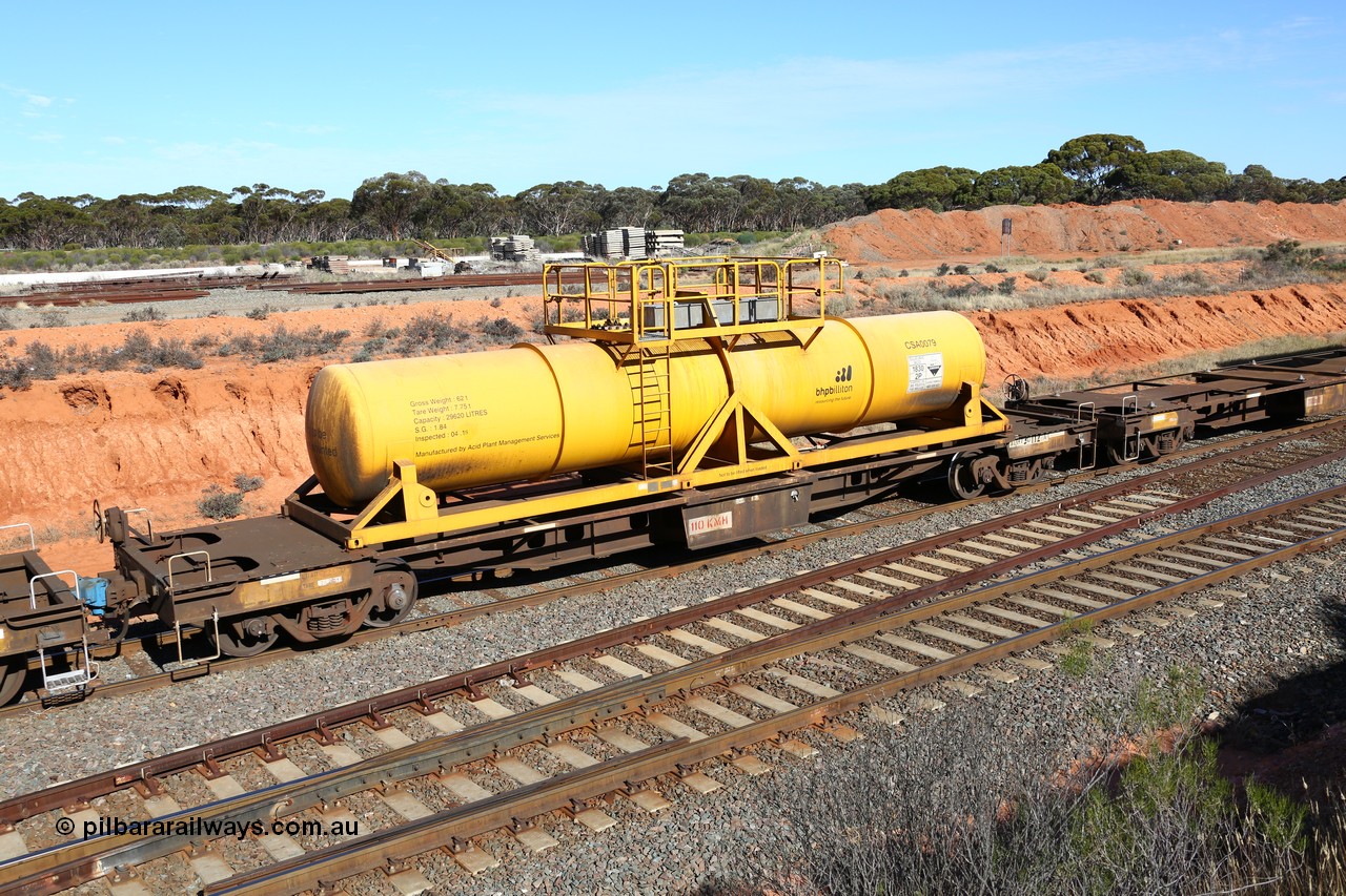 160523 3325
West Kalgoorlie, AQHY 30112 with CSA 0079, originally built by the WAGR Midland Workshops in 1964/66 as a WF type flat waggon, then in 1997, following several recodes and modifications, was one of seventy five waggons converted to the WQH to carry CSA sulphuric acid tanks between Hampton/Kalgoorlie and Perth. CSA 0079 is one of twelve units built by Acid Plant Management Services, WA in 2015.
Keywords: AQHY-type;AQHY30112;WAGR-Midland-WS;WF-type;WFDY-type;WFDF-type;RFDF-type;WQH-type;