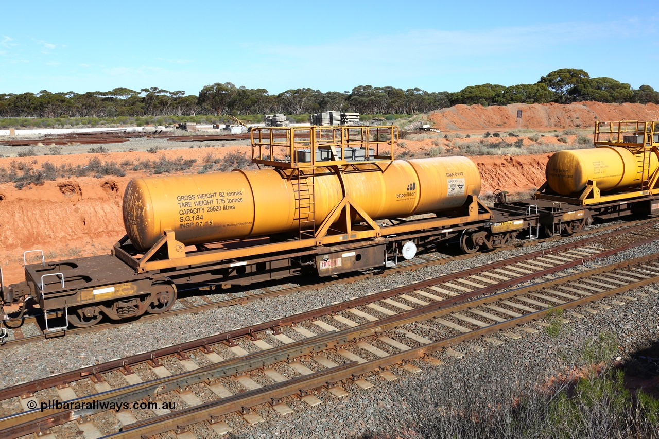 160523 3326
West Kalgoorlie, AQHY 30082 with CSA 0112, originally built by the WAGR Midland Workshops in 1964/66 as a WF type flat waggon, then in 1997, following several recodes and modifications, was one of seventy five waggons converted to the WQH to carry CSA sulphuric acid tanks between Hampton/Kalgoorlie and Perth. CSA 0112 was built by Vcare Engineering, India for Access Petrotec & Mining Solutions in 2015.
Keywords: AQHY-type;AQHY30082;WAGR-Midland-WS;WF-type;WFP-type;WFDY-type;WFDF-type;RFDF-type;WQH-type;