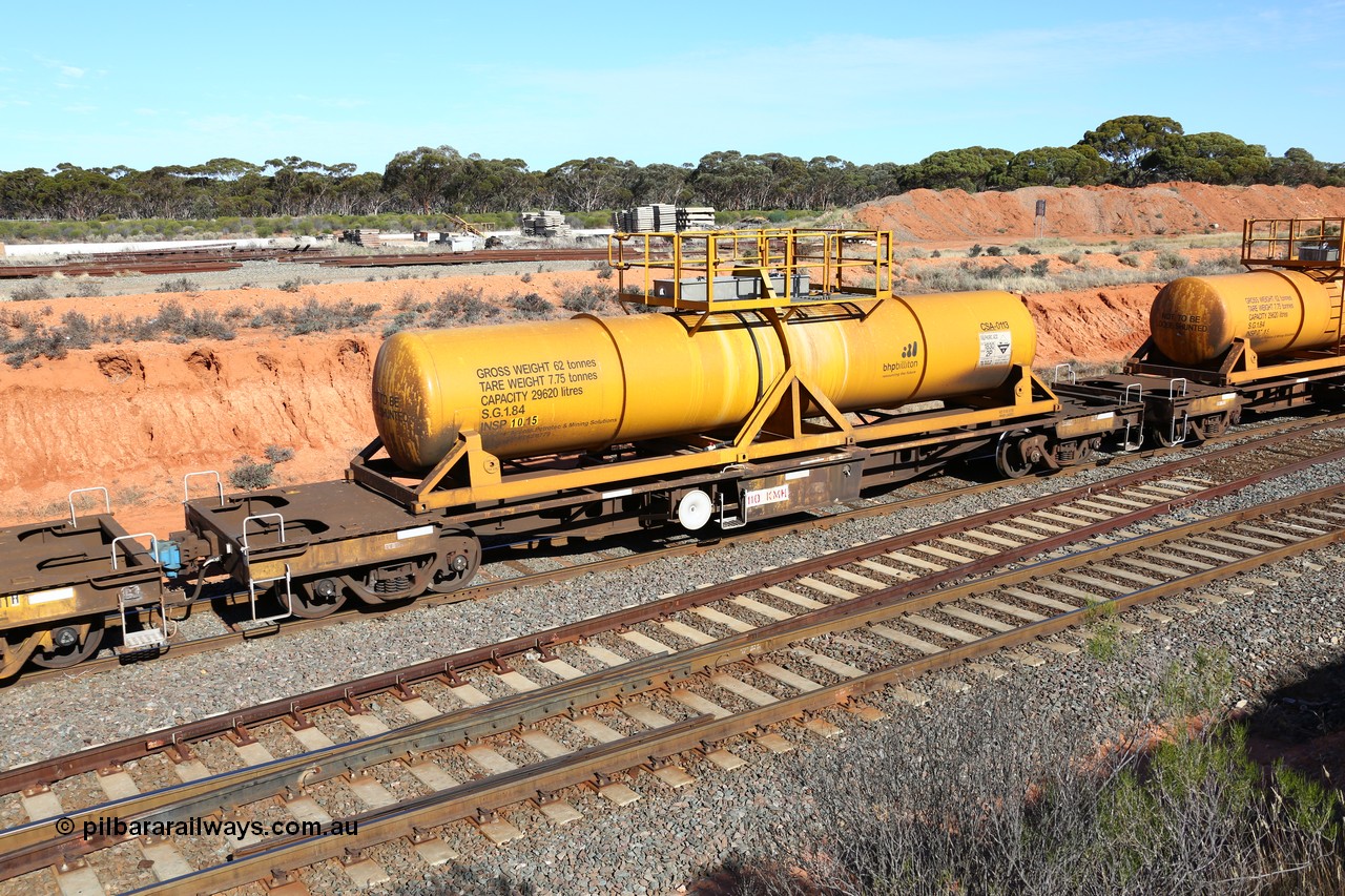 160523 3328
West Kalgoorlie, AQHY 30074 with CSA 0113, originally built by the WAGR Midland Workshops in 1964/66 as a WF type flat waggon, then in 1997, following several recodes and modifications, was one of seventy five waggons converted to the WQH to carry CSA sulphuric acid tanks between Hampton/Kalgoorlie and Perth. CSA 0113 was built by Vcare Engineering, India for Access Petrotec & Mining Solutions in 2015.
Keywords: AQHY-type;AQHY30074;WAGR-Midland-WS;WF-type;WFDY-type;WFDF-type;RFDF-type;WQH-type;