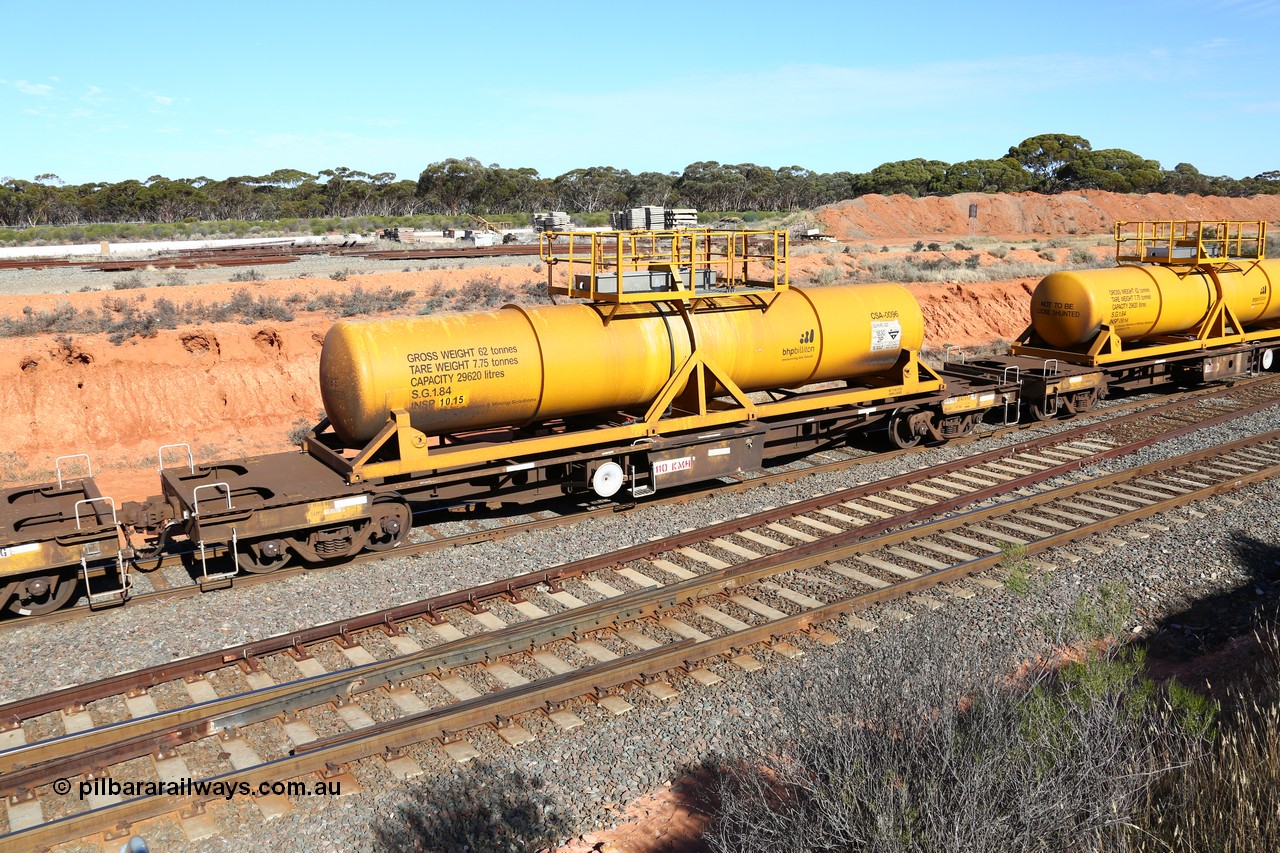160523 3330
West Kalgoorlie, AQHY 30117 with CSA 0096, originally built by the WAGR Midland Workshops in 1964/66 as a WF type flat waggon, then in 1997, following several recodes and modifications, was one of seventy five waggons converted to the WQH to carry CSA sulphuric acid tanks between Hampton/Kalgoorlie and Perth. CSA 0096 was built by Vcare Engineering, India for Access Petrotec & Mining Solutions in 2015.
Keywords: AQHY-type;AQHY30117;WAGR-Midland-WS;WF-type;WFDY-type;WFDF-type;RFDF-type;WQH-type;