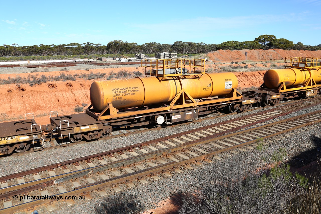 160523 3333
West Kalgoorlie, AQHY 30064 with CSA 0119, originally built by the WAGR Midland Workshops in 1964/66 as a WF type flat waggon, then in 1997, following several recodes and modifications, was one of seventy five waggons converted to the WQH to carry CSA sulphuric acid tanks between Hampton/Kalgoorlie and Perth. CSA 0119 was built by Vcare Engineering, India for Access Petrotec & Mining Solutions in 2015.
Keywords: AQHY-type;AQHY30064;WAGR-Midland-WS;WF-type;WFDY-type;WFDF-type;RFDF-type;WQH-type;