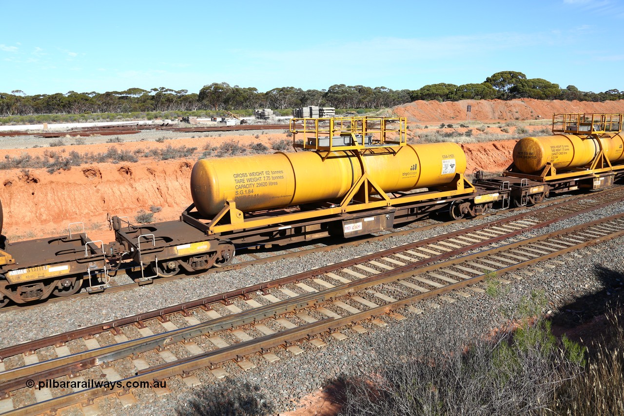 160523 3335
West Kalgoorlie, AQHY 30062 with CSA 0123, originally built by the WAGR Midland Workshops in 1964/66 as a WF type flat waggon, then in 1997, following several recodes and modifications, was one of seventy five waggons converted to the WQH to carry CSA sulphuric acid tanks between Hampton/Kalgoorlie and Perth. CSA 0123 was built by Vcare Engineering, India for Access Petrotec & Mining Solutions in 2015.
Keywords: AQHY-type;AQHY30062;WAGR-Midland-WS;WF-type;WFDY-type;WFDF-type;RFDF-type;WQH-type;