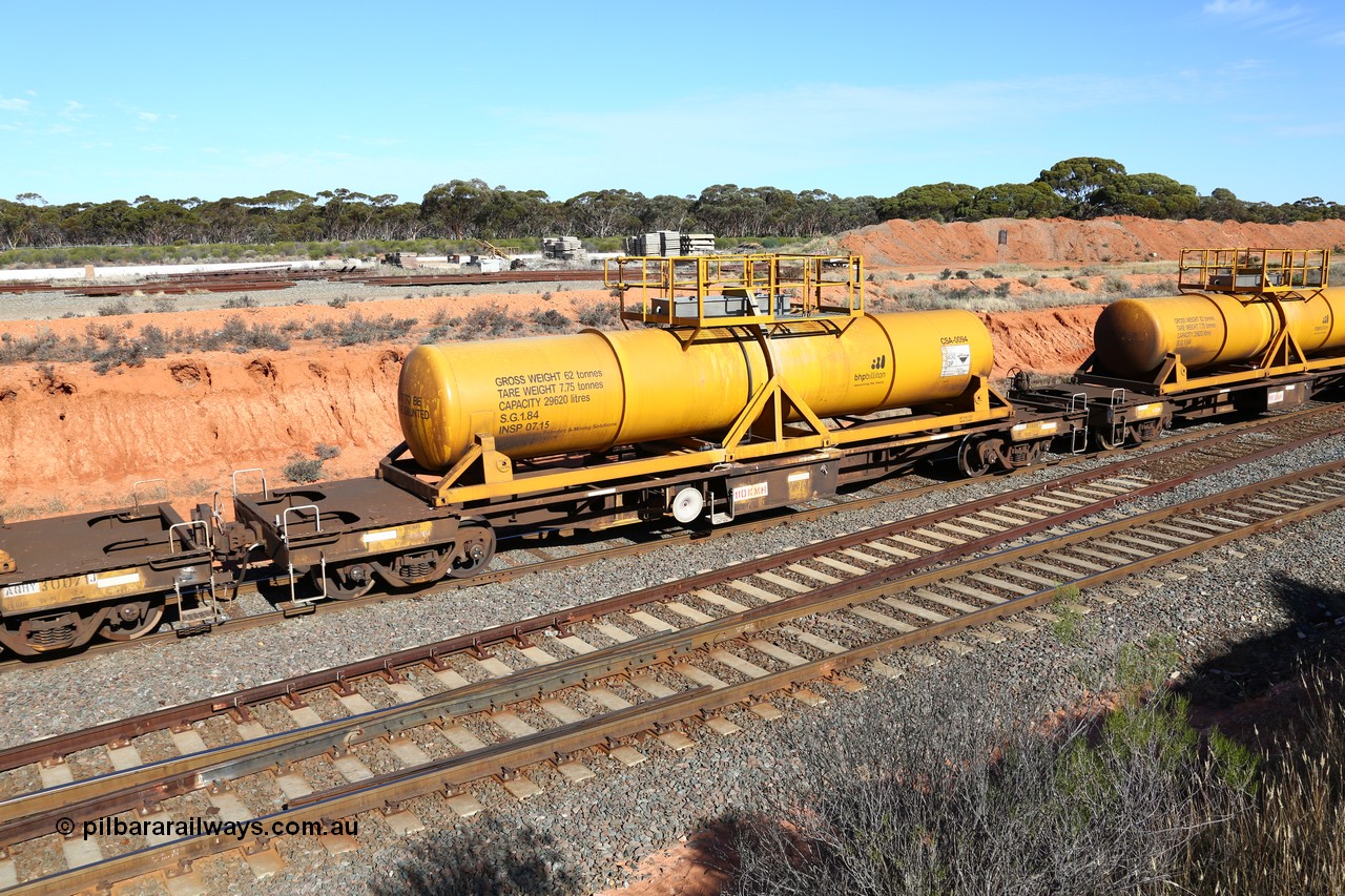 160523 3336
West Kalgoorlie, AQHY 30111 with CSA 0094, originally built by the WAGR Midland Workshops in 1964/66 as a WF type flat waggon, then in 1997, following several recodes and modifications, was one of seventy five waggons converted to the WQH to carry CSA sulphuric acid tanks between Hampton/Kalgoorlie and Perth. CSA 0094 was built by Vcare Engineering, India for Access Petrotec & Mining Solutions in 2015.
Keywords: AQHY-type;AQHY30111;WAGR-Midland-WS;WF-type;WFDY-type;WFDF-type;RFDF-type;WQH-type;