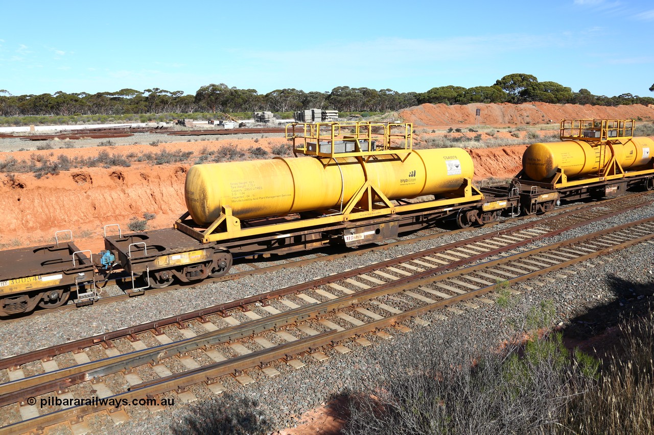 160523 3338
West Kalgoorlie, AQHY 30045 with CSA 0078, originally built by the WAGR Midland Workshops in 1964/66 as a WF type flat waggon, then in 1997, following several recodes and modifications, was one of seventy five waggons converted to the WQH to carry CSA sulphuric acid tanks between Hampton/Kalgoorlie and Perth. CSA 0078 is one of twelve units built by Acid Plant Management Services, WA in 2015.
Keywords: AQHY-type;AQHY30045;WAGR-Midland-WS;WF-type;WFDY-type;WFDF-type;RFDF-type;WQH-type;