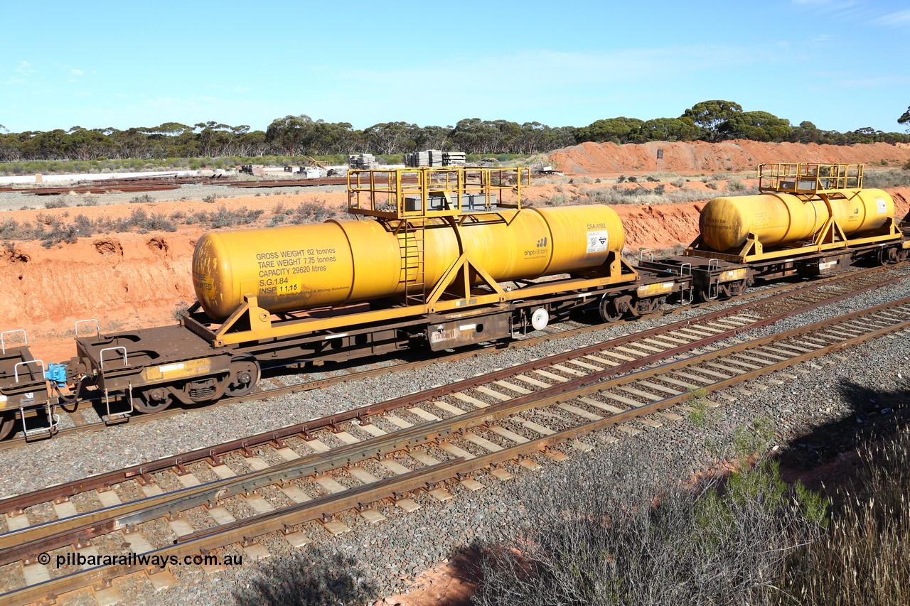 160523 3339
West Kalgoorlie, AQHY 30054 with CSA 0132, originally built by the WAGR Midland Workshops in 1964/66 as a WF type flat waggon, then in 1997, following several recodes and modifications, was one of seventy five waggons converted to the WQH to carry CSA sulphuric acid tanks between Hampton/Kalgoorlie and Perth. CSA 0132 was built by Vcare Engineering, India for Access Petrotec & Mining Solutions in 2015.
Keywords: AQHY-type;AQHY30054;WAGR-Midland-WS;WF-type;WFM-type;WFDY-type;WFDF-type;RFDF-type;WQH-type;