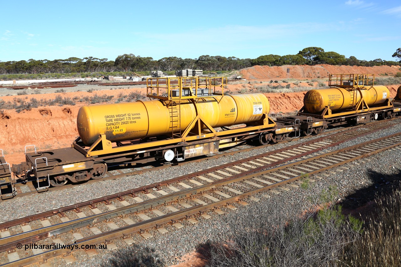 160523 3340
West Kalgoorlie, AQHY 30034 with CSA 0136, originally built by the WAGR Midland Workshops in 1964/66 as a WF type flat waggon, then in 1997, following several recodes and modifications, was one of seventy five waggons converted to the WQH to carry CSA sulphuric acid tanks between Hampton/Kalgoorlie and Perth. CSA 0136 was the last of forty nine CSA tanks built by Vcare Engineering, India for Access Petrotec & Mining Solutions in 2015.
Keywords: AQHY-type;AQHY30034;WAGR-Midland-WS;WF-type;WFDY-type;WFDF-type;RFDF-type;WQH-type;