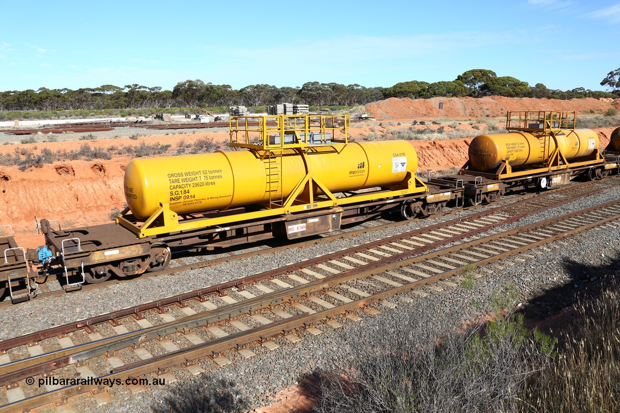 160523 3341
West Kalgoorlie, AQHY 30110 with CSA 0118, originally built by the WAGR Midland Workshops in 1964/66 as a WF type flat waggon, then in 1997, following several recodes and modifications, was one of seventy five waggons converted to the WQH to carry CSA sulphuric acid tanks between Hampton/Kalgoorlie and Perth. CSA 0118 was built by Vcare Engineering, India for Access Petrotec & Mining Solutions in 2015.
Keywords: AQHY-type;AQHY30110;WAGR-Midland-WS;WF-type;WFW-type;WFDY-type;WFDF-type;RFDF-type;WQH-type;