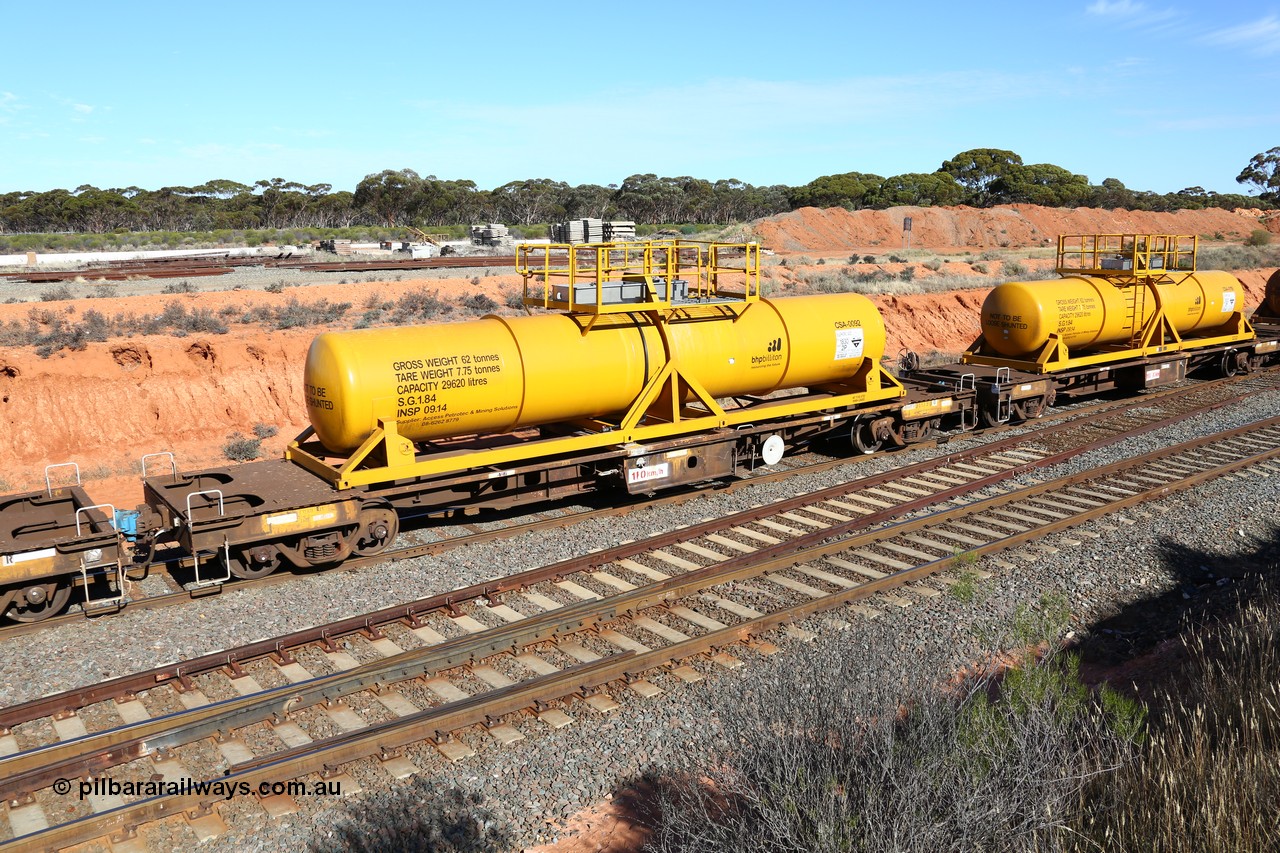 160523 3342
West Kalgoorlie, AQHY 30090 with CSA 0092, originally built by the WAGR Midland Workshops in 1964/66 as a WF type flat waggon, then in 1997, following several recodes and modifications, was one of seventy five waggons converted to the WQH to carry CSA sulphuric acid tanks between Hampton/Kalgoorlie and Perth. CSA 0092 was built by Vcare Engineering, India for Access Petrotec & Mining Solutions in 2015.
Keywords: AQHY-type;AQHY30090;WAGR-Midland-WS;WF-type;WFDY-type;WFDF-type;RFDF-type;WQH-type;