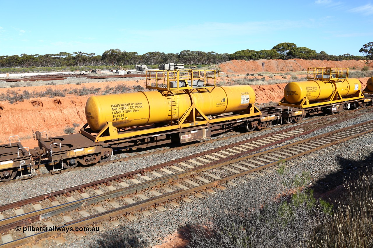 160523 3343
West Kalgoorlie, AQHY 30077 with CSA 0116, originally built by the WAGR Midland Workshops in 1964/66 as a WF type flat waggon, then in 1997, following several recodes and modifications, was one of seventy five waggons converted to the WQH to carry CSA sulphuric acid tanks between Hampton/Kalgoorlie and Perth. CSA 0116 was built by Vcare Engineering, India for Access Petrotec & Mining Solutions in 2015.
Keywords: AQHY-type;AQHY30077;WAGR-Midland-WS;WF-type;WFDY-type;WFDF-type;RFDF-type;WQH-type;