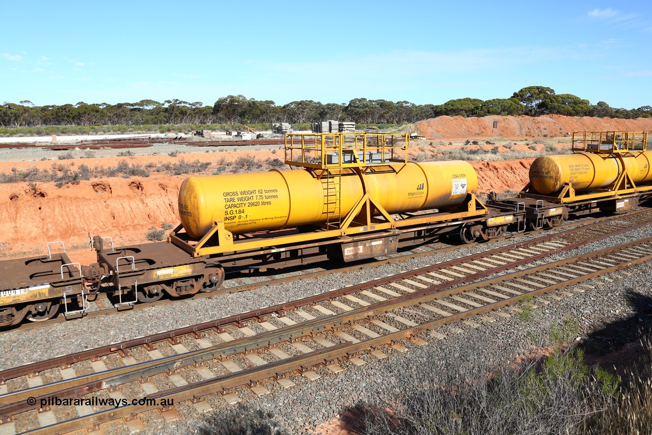 160523 3345
West Kalgoorlie, AQHY 30079 with CSA 0109, originally built by the WAGR Midland Workshops in 1964/66 as a WF type flat waggon, then in 1997, following several recodes and modifications, was one of seventy five waggons converted to the WQH to carry CSA sulphuric acid tanks between Hampton/Kalgoorlie and Perth. CSA 0109 was built by Vcare Engineering, India for Access Petrotec & Mining Solutions in 2015.
Keywords: AQHY-type;AQHY30079;WAGR-Midland-WS;WF-type;WFDY-type;WFDF-type;RFDF-type;WQH-type;