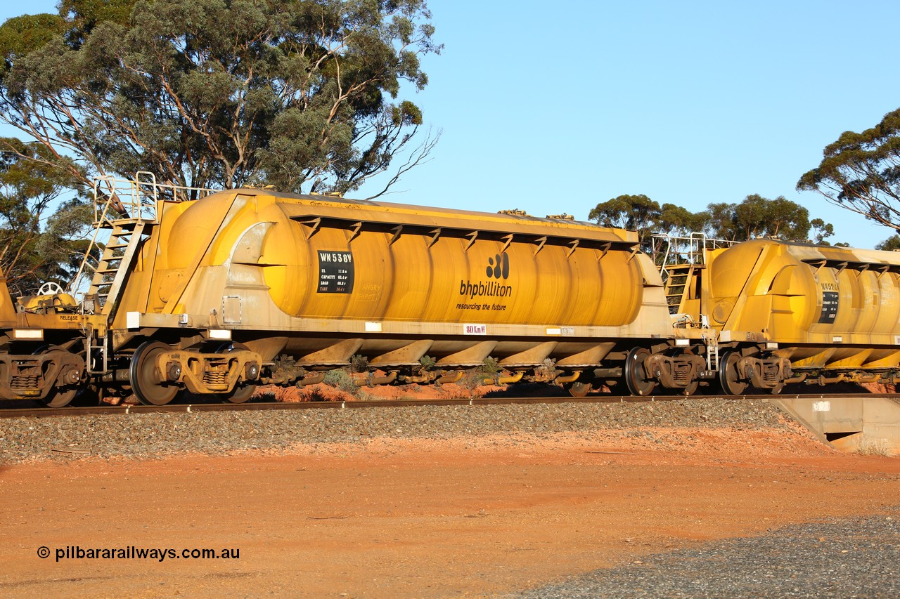160523 3574
Binduli, nickel concentrate train 2438, WN type pneumatic discharge nickel concentrate waggon WN 538, one of a further ten built by WAGR Midland Workshops as WN type in 1975 for WMC.
Keywords: WN-type;WN538;WAGR-Midland-WS;