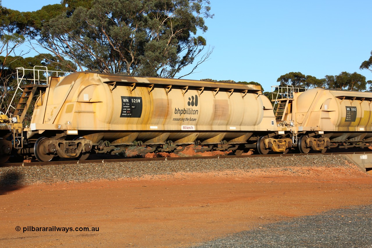 160523 3579
Binduli, nickel concentrate train 2438, WN type pneumatic discharge nickel concentrate waggon WN 529, one of thirty built by AE Goodwin NSW as WN type in 1970 for WMC.
Keywords: WN-type;WN529;AE-Goodwin;