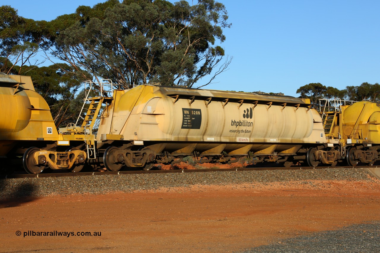 160523 3582
Binduli, nickel concentrate train 2438, WN type pneumatic discharge nickel concentrate waggon WN 528, one of thirty built by AE Goodwin NSW as WN type in 1970 for WMC.
Keywords: WN-type;WN528;AE-Goodwin;
